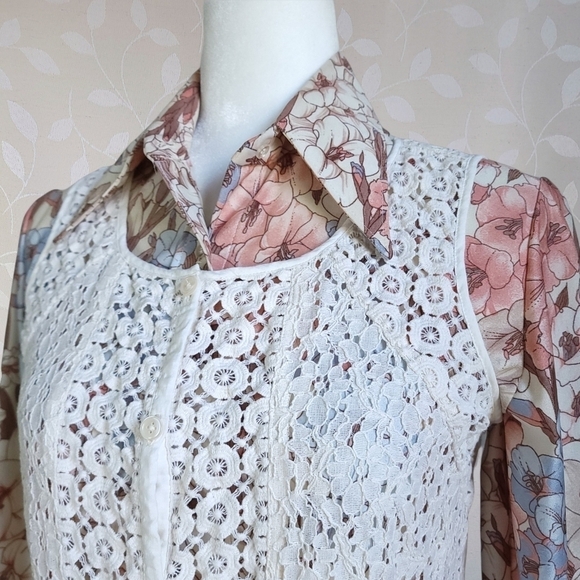 Vintage 90s Van Heusen Cream Floral Eyelet Button Front Sleeveless Top Vest XS - Picture 3 of 16